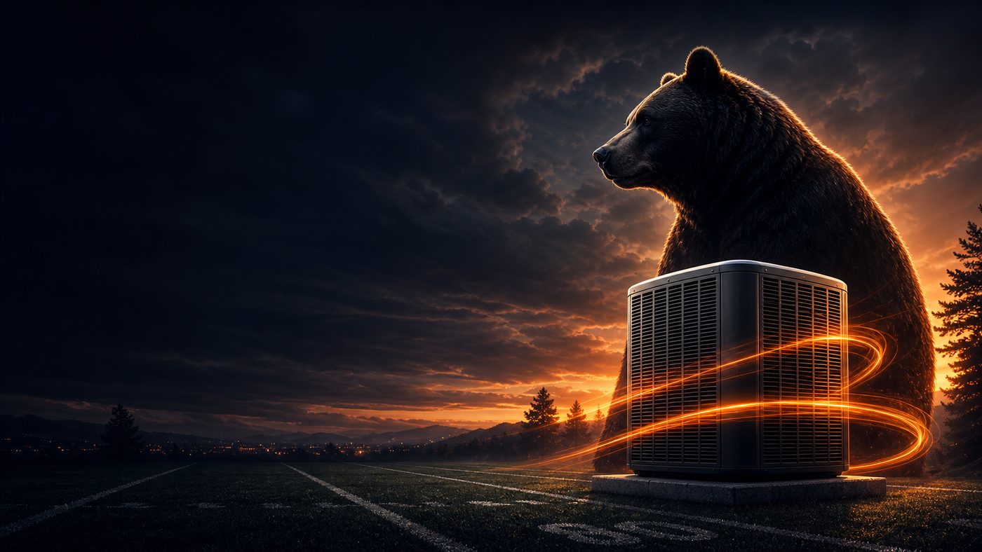 The Shadow Bear mascot guarding a home's AC unit